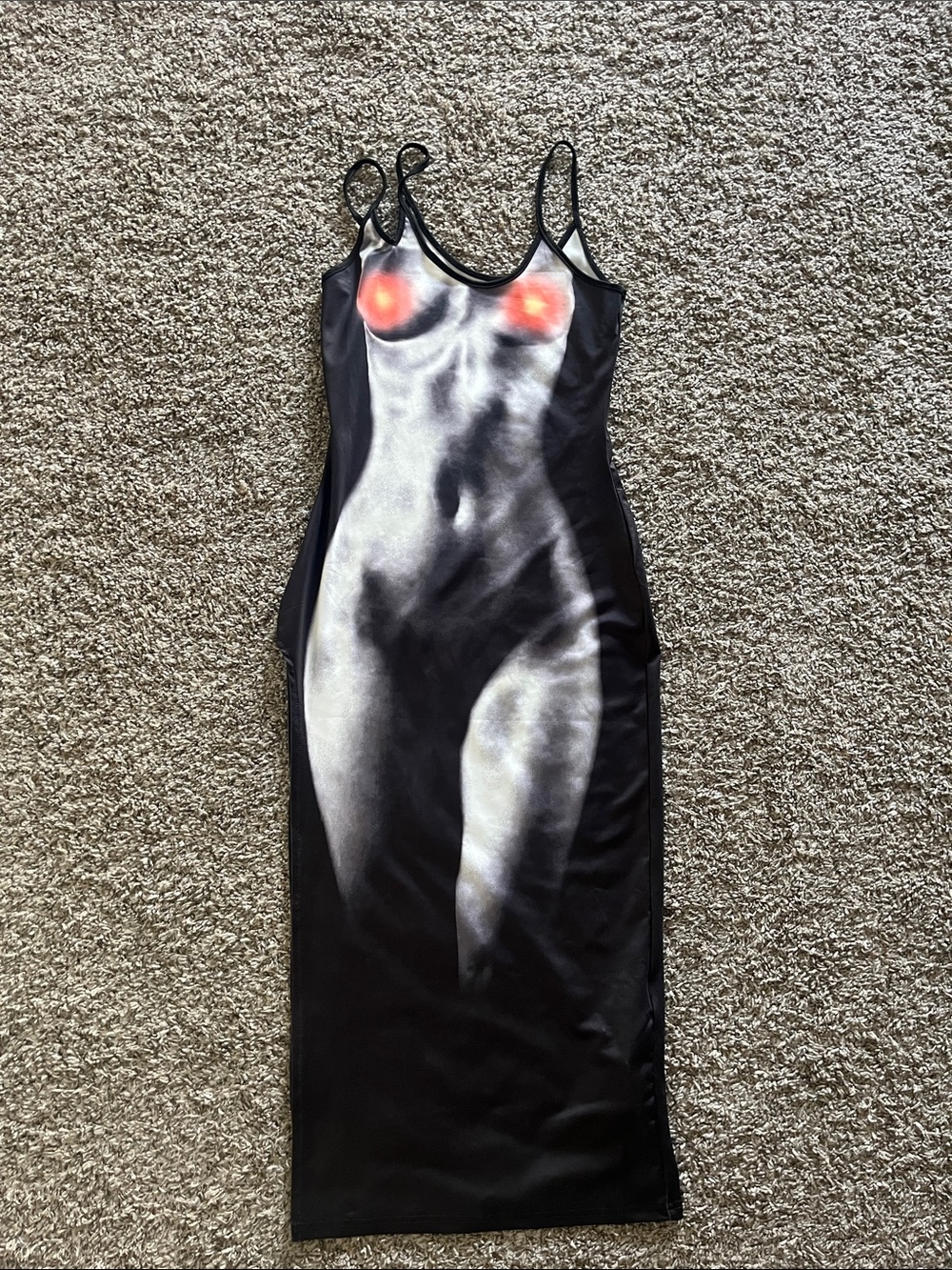 Black Graphic Slip Dress with Nude Torso Print and Orange Accents